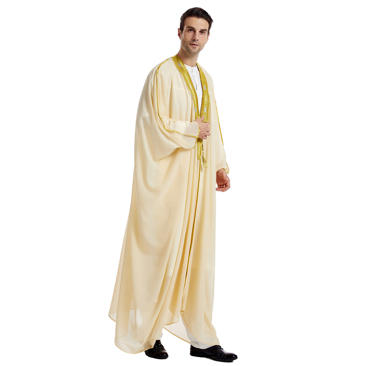 Men's Robe Arabic Embroidered Long Sleeve Tassel Golden Balls Chiffon Shawl